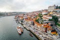 Porto, Portugal - December 2018: View from Dom Luis I Bridge overseeing the Ribeira area and the Douro River.