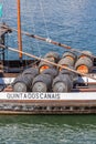 Detailed view at the Porto wine barrels on Rabelo Boat, on Douro river Royalty Free Stock Photo