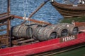 Detailed view at the Porto wine barrels on Rabelo Boat, on Douro river Royalty Free Stock Photo