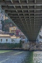 Detailed view under D. Luis bridge structure, Gaia city as background