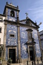 Porto, Portugal February 14 2023: Church covered with blue tiles, chapel of souls.