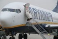 Passengers getting off the plane of Ryanair company at the Porto airport