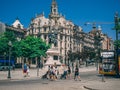 PORTO, PORTUGAL - Jul 18, 2020: View of the ornate baroque facade of the Igreja dos Clerigos church in old town, a symbol of Porto