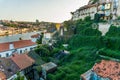 Porto, Portugal - July, 2017. Aerial view of Dom Luis I on Douro River at sunset at Vila Nova de Gaia, Porto, Portugal. Picturesqu