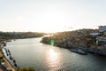 Porto, Portugal - July, 2017. Aerial view of Dom Luis I on Douro River at sunset at Vila Nova de Gaia, Porto, Portugal. Picturesqu