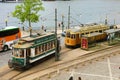PORTO, PORTUGAL - JUNE 21, 20: aerial view of vintage trams in the old european city of Porto, Portugal