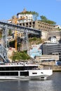 From the embankment of the Douro River sails pleasure boat with tourists.