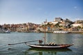 PORTO, PORTUGAL - MAY 12, 2020: Traditional Wine Boat in Douro River, Oporto. Porto, Portugal old town skyline from Dom Luis Royalty Free Stock Photo