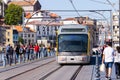 Porto, Portugal, October 06, 2018: Porto Oporto metro subway tram rain train railway rail at bridge over Douro river