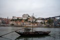 Porto, Portugal, October 31,2020. View from Vila Nova de Gaia on port makers boats and colorful old houses on hill in old part of