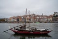 Porto, Portugal, October 31,2020. View from Vila Nova de Gaia on port makers boats and colorful old houses on hill in old part of