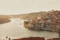 Porto, Portugal old town ribeira aerial promenade view with colorful houses, Douro river and boats. Panorama old city Porto at Royalty Free Stock Photo