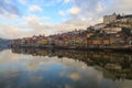 Porto, Portugal panoramic cityscape on the Douro River at sunset. Urban landscape at sunset with traditional boats of Oporto city. Royalty Free Stock Photo