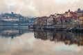 Porto, Portugal panoramic cityscape on the Douro River at sunset. Urban landscape at sunset with traditional boats of Oporto city.