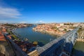 Porto, Portugal panoramic cityscape on the Douro River at sunset. Urban landscape at sunset with traditional boats of Oporto city.