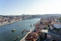 06.22.2023. Porto, Portugal: riverside of Duero river cityscape at sunset from above with tourists