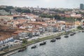 Vintage port wine boats lined up in Douro river, Vila nova de Gaia, Porto, Portugal