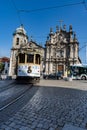 Porto, Portugal - September 14, 2019 - Tram car in front of Carmo and Carmelitas churches