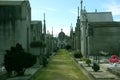 Porto, Portugal - Three rows of tombs and a green silent path at Agramonte Cemetery, in the day light
