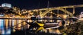 Porto, Portugal. View of the Old Town. Night cityscape. Douro river with the traditional Rabelo boats in the night the light of la Royalty Free Stock Photo