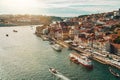 View of Oporto Downtown \'Ribeira do Porto\' from the D. Luis bridge in Vila Nova de Gaia. Sunset with sunglare. Royalty Free Stock Photo