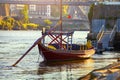 Porto Portugal. Vintage boat with barrels port and wine at coast river Douro. Royalty Free Stock Photo