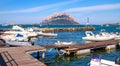 Porto San Paolo, Sardinia, Italy - Panoramic view of yacht marina and port of Porto San Paolo resort town at Costa Smeralda with Royalty Free Stock Photo