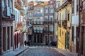 Porto street filtered. Colorful houses in old town of Porto. Typical portuguese buildings. Travel and tourism concept.
