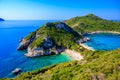 Porto Timoni beach at Afionas is a paradise double beach with crystal clear azure water in Corfu, Ionian island, Greece, Europe