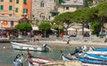 Bars and cafes, boats and beach on waterfront Portovenere Royalty Free Stock Photo
