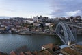 Porto view, with Dom LuÃÂ­s Bridge and Douro river. Sunset, blue sky and clouds. Boats on the river Royalty Free Stock Photo