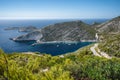 Porto Vromi. Ionian sea bay with moored and anchored boats. Zakynthos island sightseeing spot. Greece Royalty Free Stock Photo