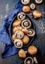 PORTOBELLO MUSHROOM on black plate. Dark background, top view Royalty Free Stock Photo