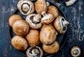 PORTOBELLO MUSHROOM on black plate. Dark background, top view Royalty Free Stock Photo