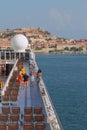 Portoferraio, Elba Island, Italy - Jul 10, 2019: Deck of cruise liner and city on sea shore Royalty Free Stock Photo