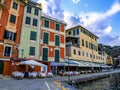 Portofino,Genoa,Italy on April3,2023:colourfully painted buildings and beautiful habour in spring