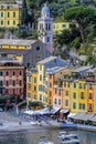 Portofino,Genoa,Italy on April3,2023:colourfully painted buildings and beautiful habour in spring