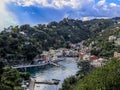 Portofino,Genoa,Italy on April3,2023:colourfully painted buildings and beautiful habour in spring