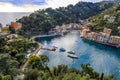 Portofino,Genoa,Italy on April3,2023:colourfully painted buildings and beautiful habour in spring