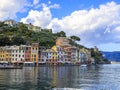 Portofino,Genoa,Italy on April3,2023:colourfully painted buildings and beautiful habour in spring