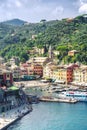 Portofino, Liguria, Italy: 09 aug 2018. Portofino landscape,touristic Mediterranean place with colorful houses, picturesque harbor Royalty Free Stock Photo