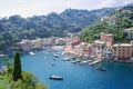 Portofino, Liguria, Italy: 09 aug 2018.Best touristic Mediterranean place with colorful houses, fishing boats and luxury yacht . Royalty Free Stock Photo