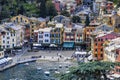 Portofino,Genoa,Italy on April3,2023:colourfully painted buildings and beautiful habour in spring