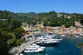 PORTOFINO, ITALY - JUNE 13, 2017: spectacular panorama of Portofino town with its harbour with yachts and boats, Portofino, Liguri Royalty Free Stock Photo