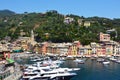 PORTOFINO, ITALY - JUNE 13, 2017: spectacular panorama of Portofino town with its harbour with yachts and boats, Portofino, Liguri Royalty Free Stock Photo