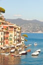 Portofino, Italy. Picturesque landscape buildings, coast and sea.