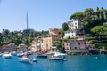 Portofino, Italy - scenic panorama with sea and luxury yacht. Italy travel destionation