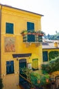 Portofino, Italy - September 13, 2019: Beautiful colorful facade of Italian house, Portofino, Genoa