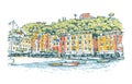 Portofino. Italy. Sketch colorful vector background with boats, and European houses on sea coast. Bright design for print,