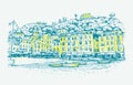 Portofino, Liguria. Sketch color vector background with boats, and European houses on sea coast